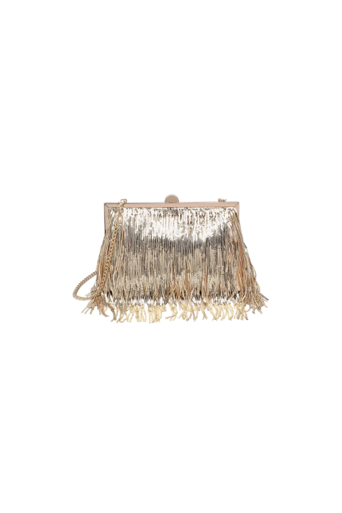 Gold fringe clutch bag on a white background