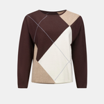 Color-blocked sweater with brown, beige, and white design on a light gray background