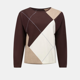 Color-blocked sweater with brown, beige, and white design on a light gray background