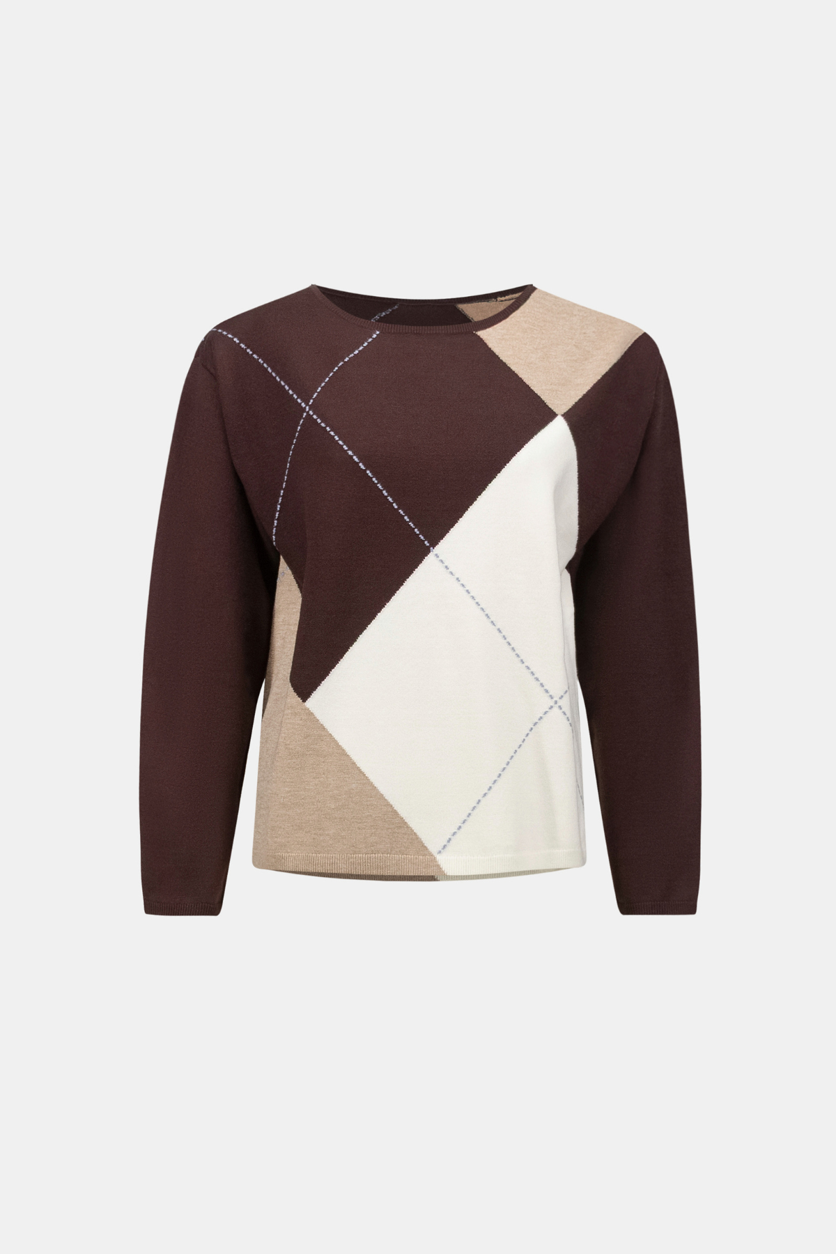 Color-blocked sweater with brown, beige, and white design on a light gray background