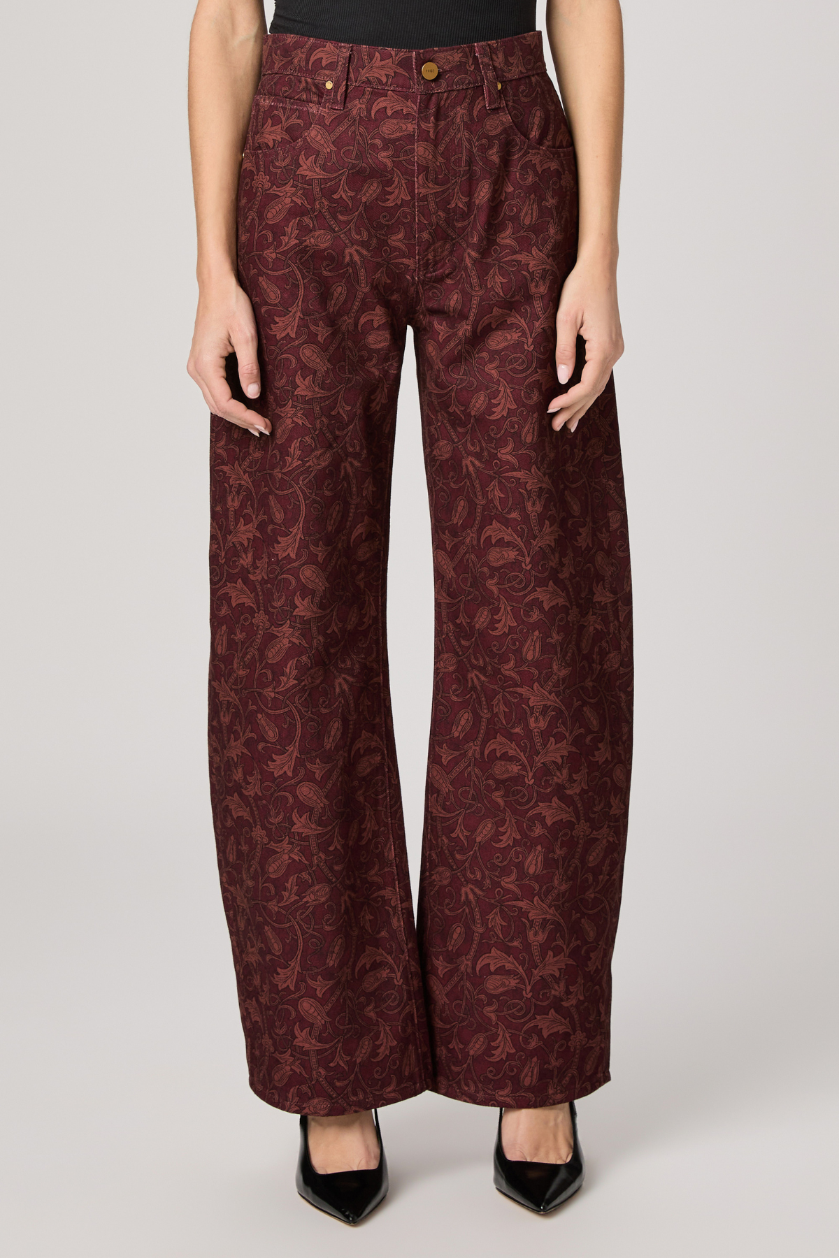 Women's printed full-length pants featuring an etched tulip pattern in rich garnet tones.