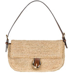 Woven handbag with a strap on a white background