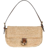 Woven handbag with a strap on a white background