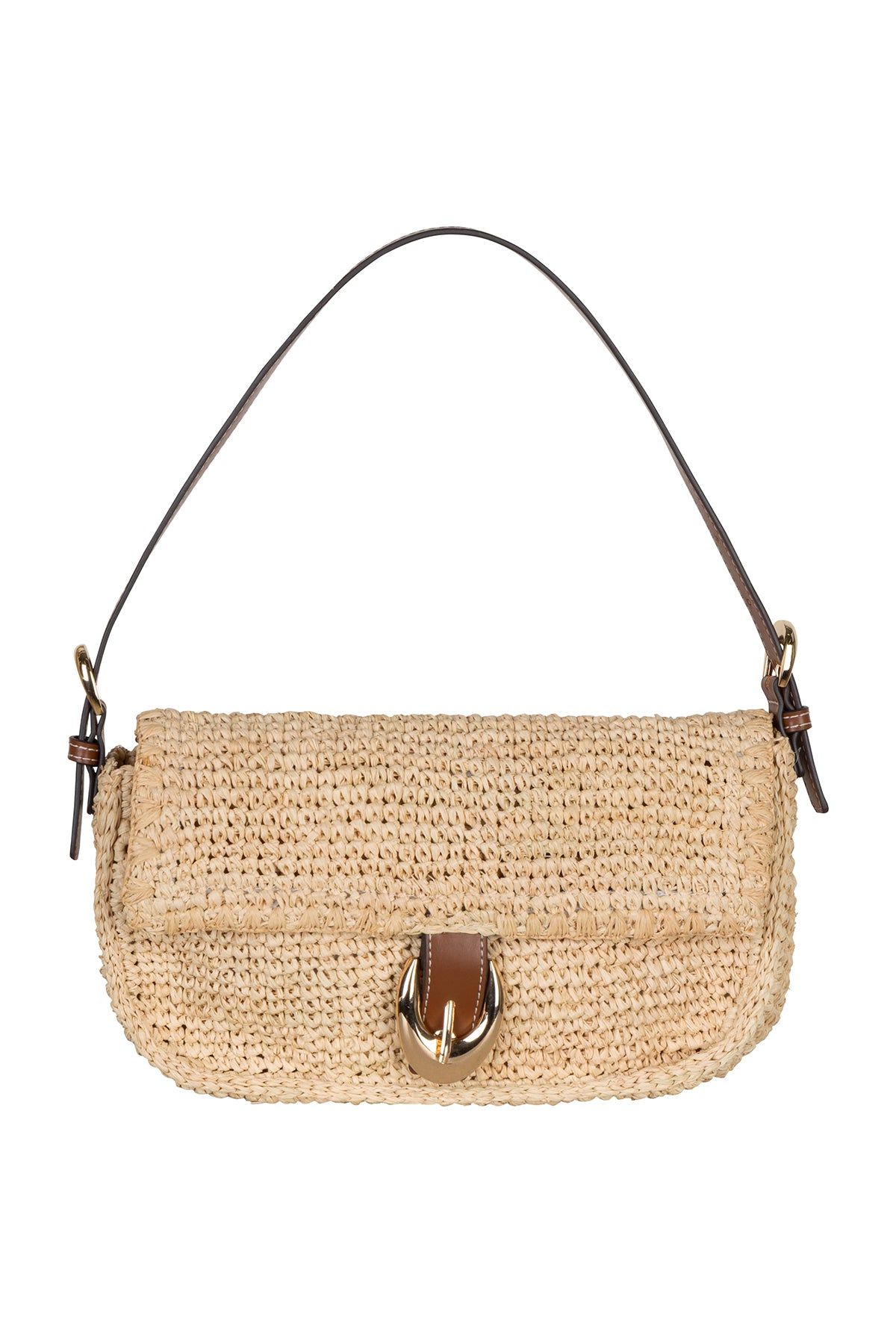 Woven handbag with a strap on a white background