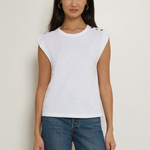 Model wearing a white crewneck short-sleeve T-shirt with a classic fit.