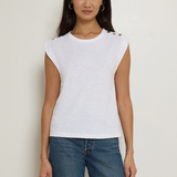 Model wearing a white crewneck short-sleeve T-shirt with a classic fit.