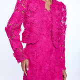 vibrant pink lace jacket on white background 