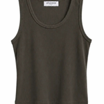 An olive green ribbed tank top with a scoop neckline, displayed flat against a plain white background.