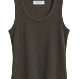 An olive green ribbed tank top with a scoop neckline, displayed flat against a plain white background.