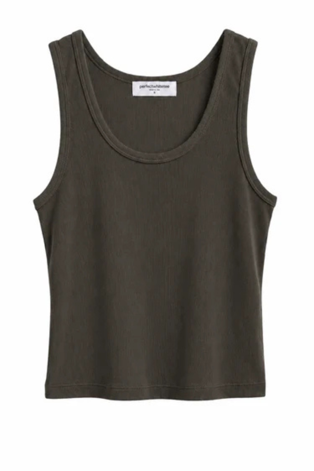 An olive green ribbed tank top with a scoop neckline, displayed flat against a plain white background.
