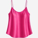 Women's fuchsia satin camisole featuring a V-neckline, adjustable straps, and a relaxed, silky silhouette.