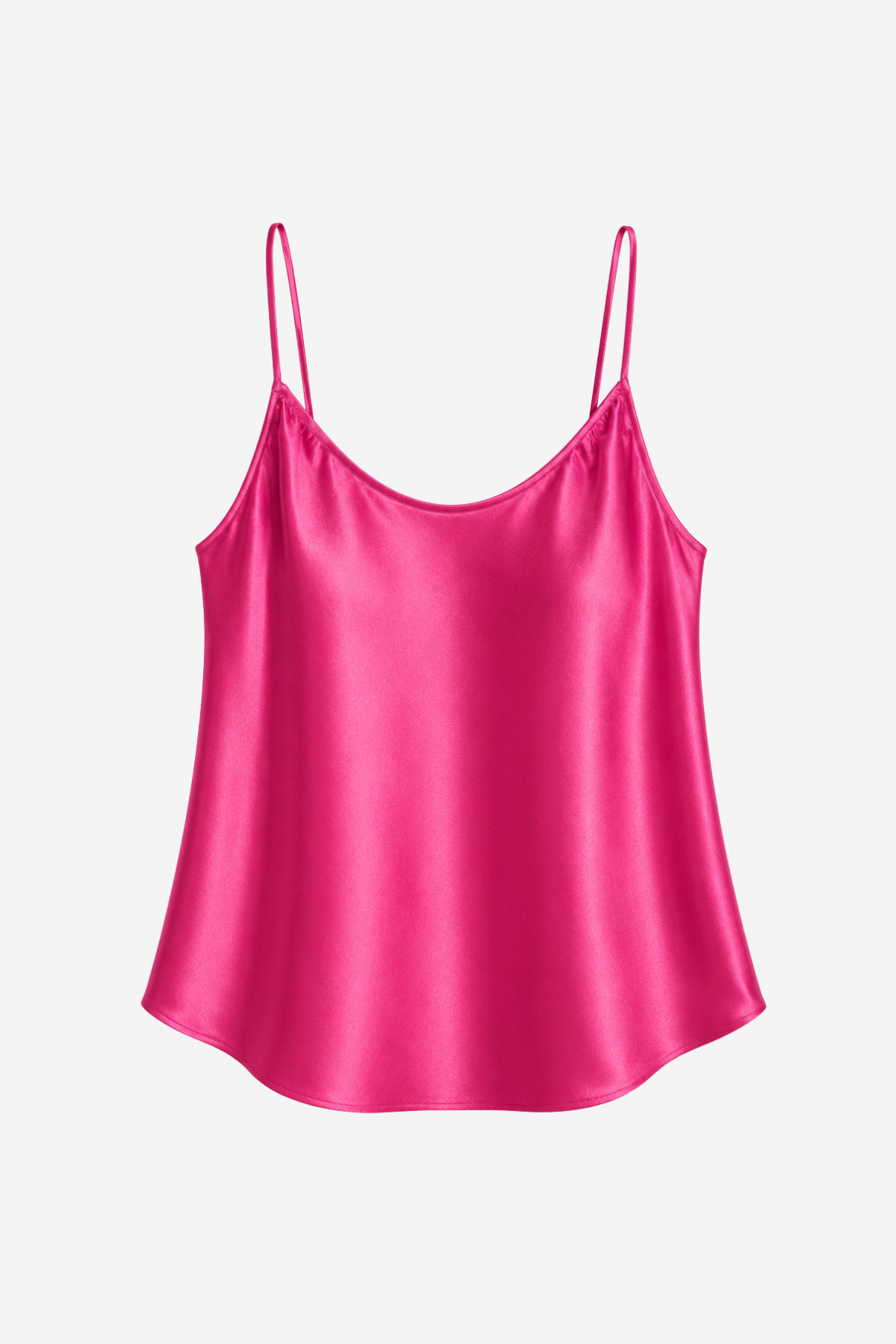 Women's fuchsia satin camisole featuring a V-neckline, adjustable straps, and a relaxed, silky silhouette.