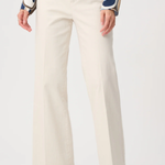 Model wearing white high-rise stretch denim wide-leg jeans with a full-length silhouette.