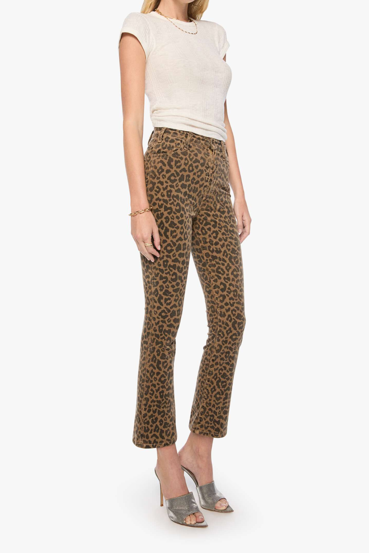 Model wearing high-rise cropped wide-leg leopard print jeans.
