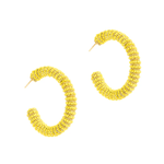 Pair of yellow beaded hoop earrings on a white background