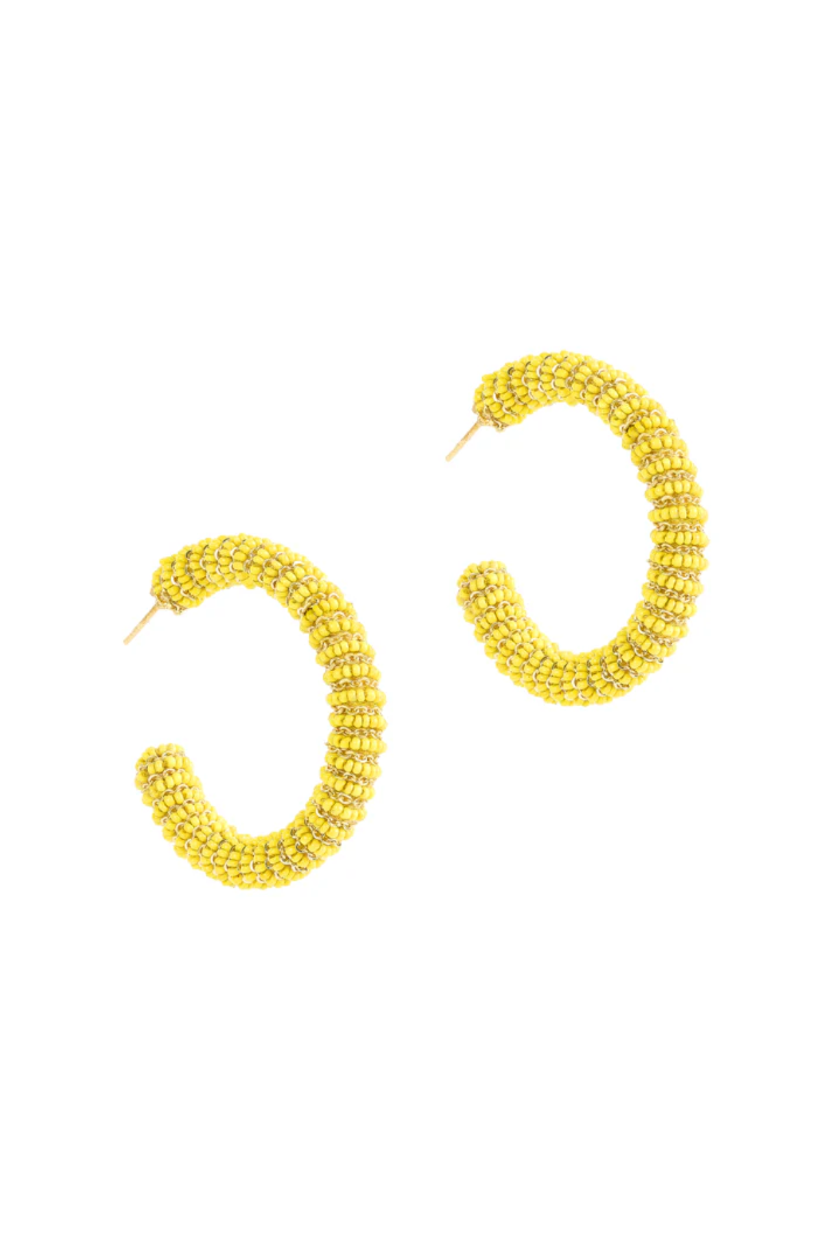 Pair of yellow beaded hoop earrings on a white background