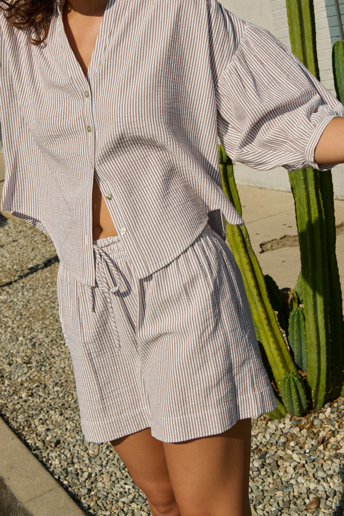 Person wearing a striped shirt and shorts standing next to a cactus plant.