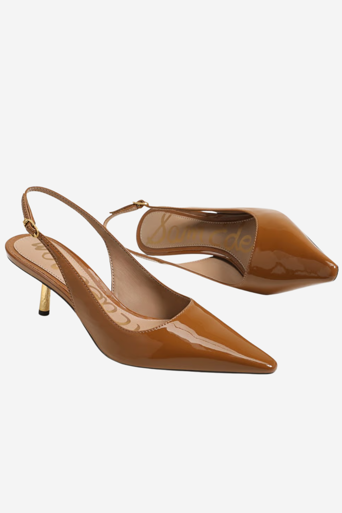 A pair of glossy brown patent leather slingback pumps with pointed toes and slim gold-tone heels, displayed on a light gray background.