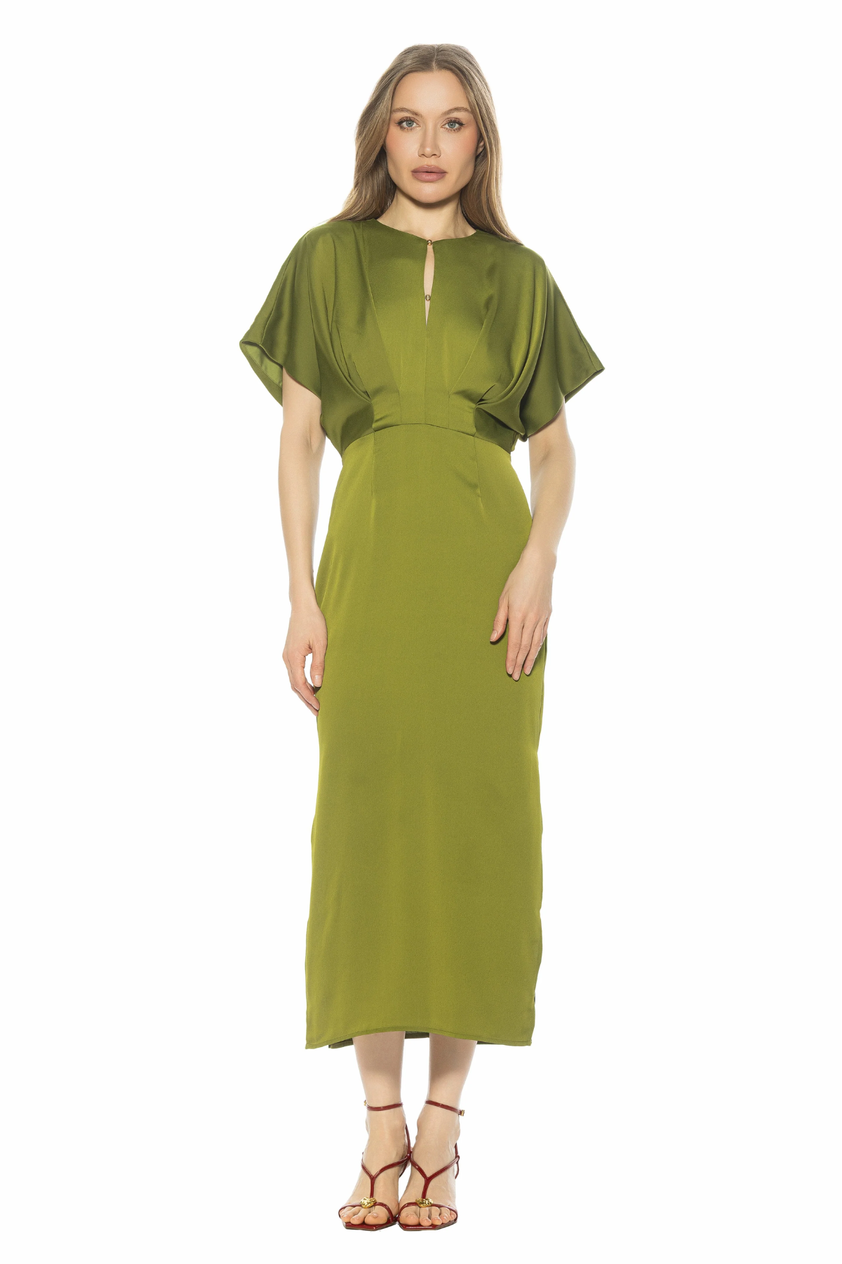 Woman wearing a green dress on a white background