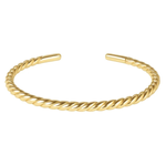 A gold-toned twisted rope cuff bracelet on a solid white background.