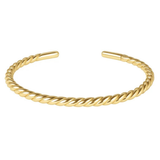 A gold-toned twisted rope cuff bracelet on a solid white background.