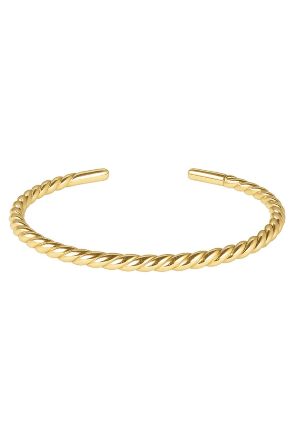 A gold-toned twisted rope cuff bracelet on a solid white background.
