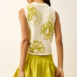 Woman wearing a white sleeveless top with yellow floral patterns and a yellow skirt on a light background