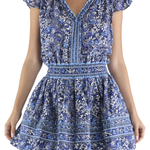 Woman wearing a blue floral dress on a white background