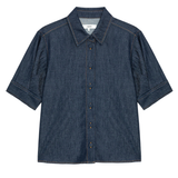 A dark blue denim short-sleeve button-up shirt with a pointed collar and visible contrast stitching, shown flat against a plain white background.