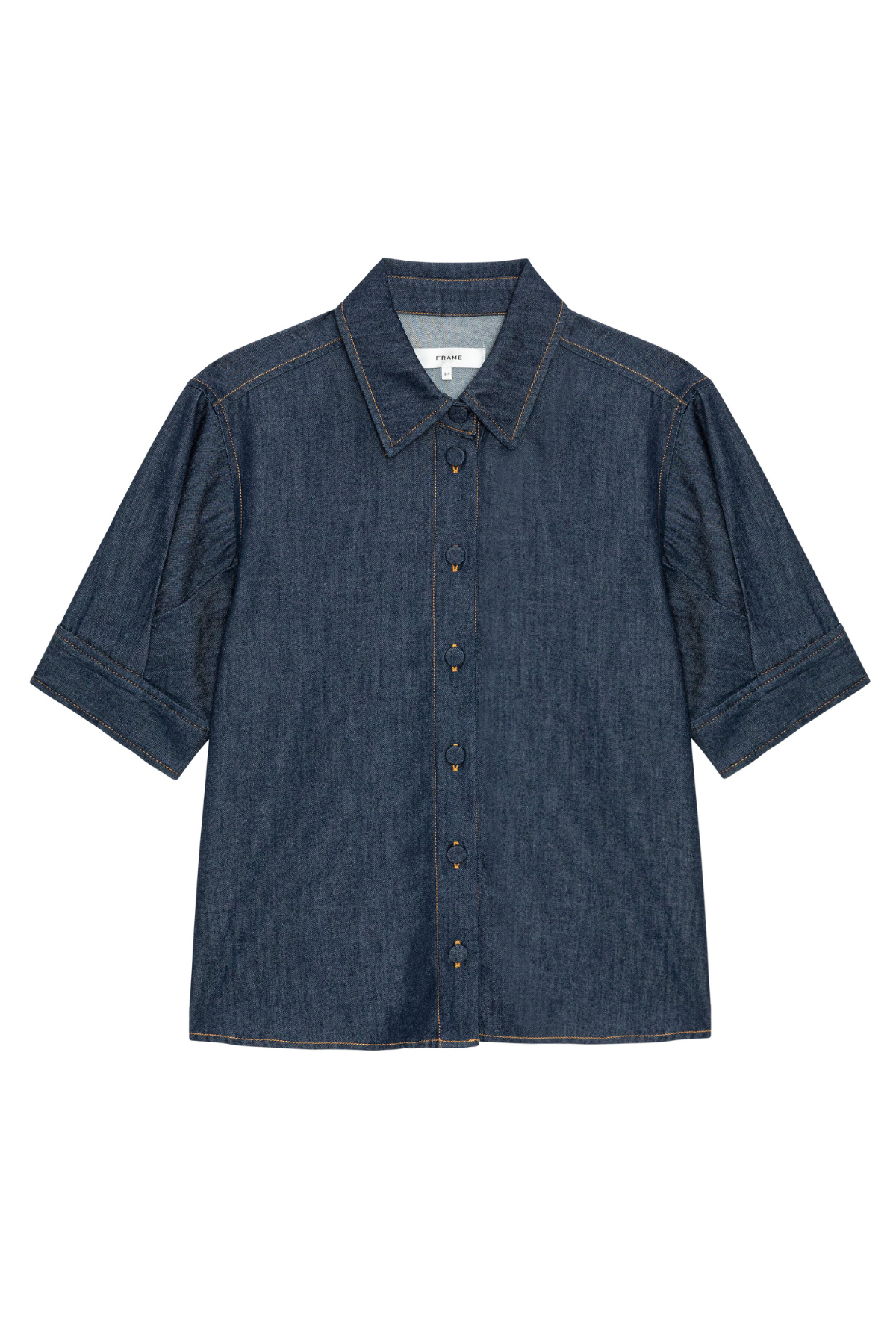 A dark blue denim short-sleeve button-up shirt with a pointed collar and visible contrast stitching, shown flat against a plain white background.