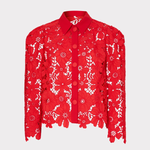 Red lace blouse with white floral patterns on a light gray background