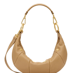 Beige handbag with gold chain handle on a white background