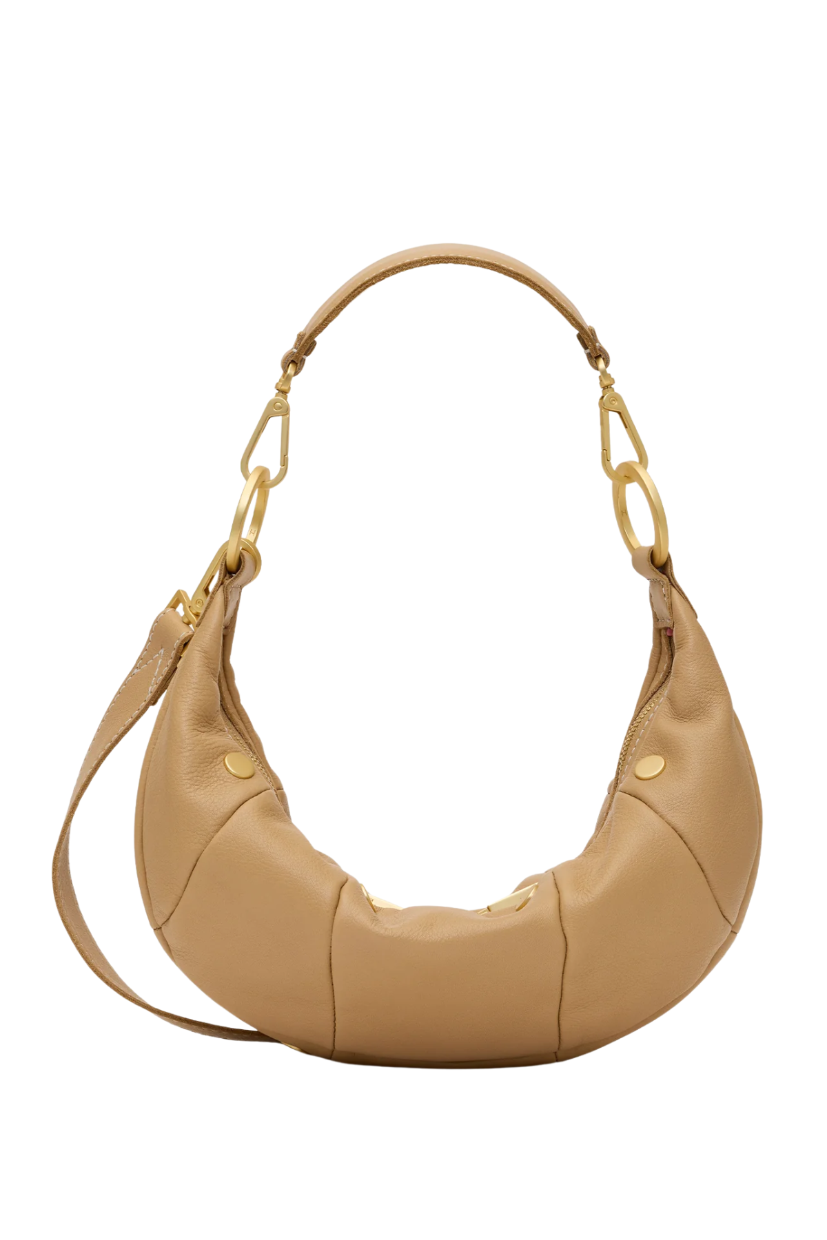 Beige handbag with gold chain handle on a white background
