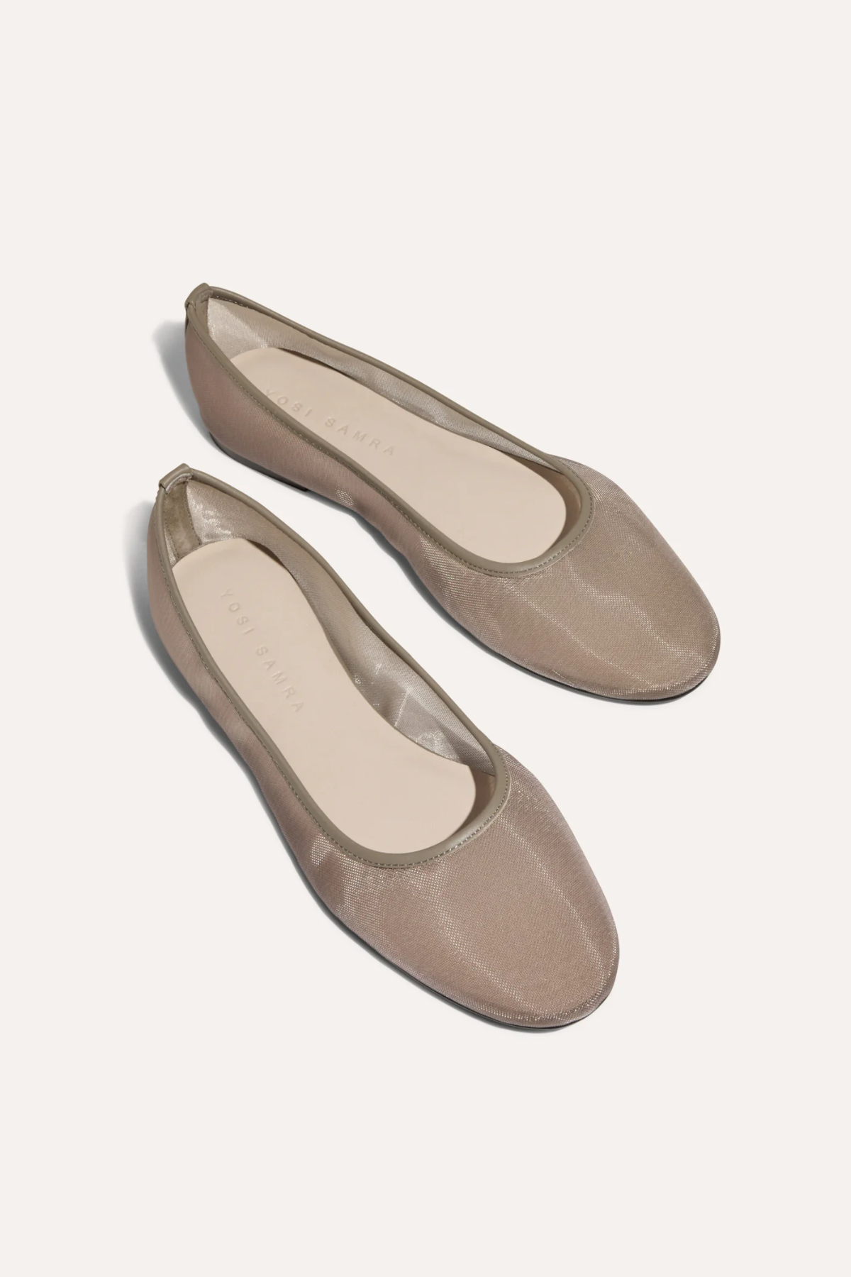 taupe mesh flats on white background