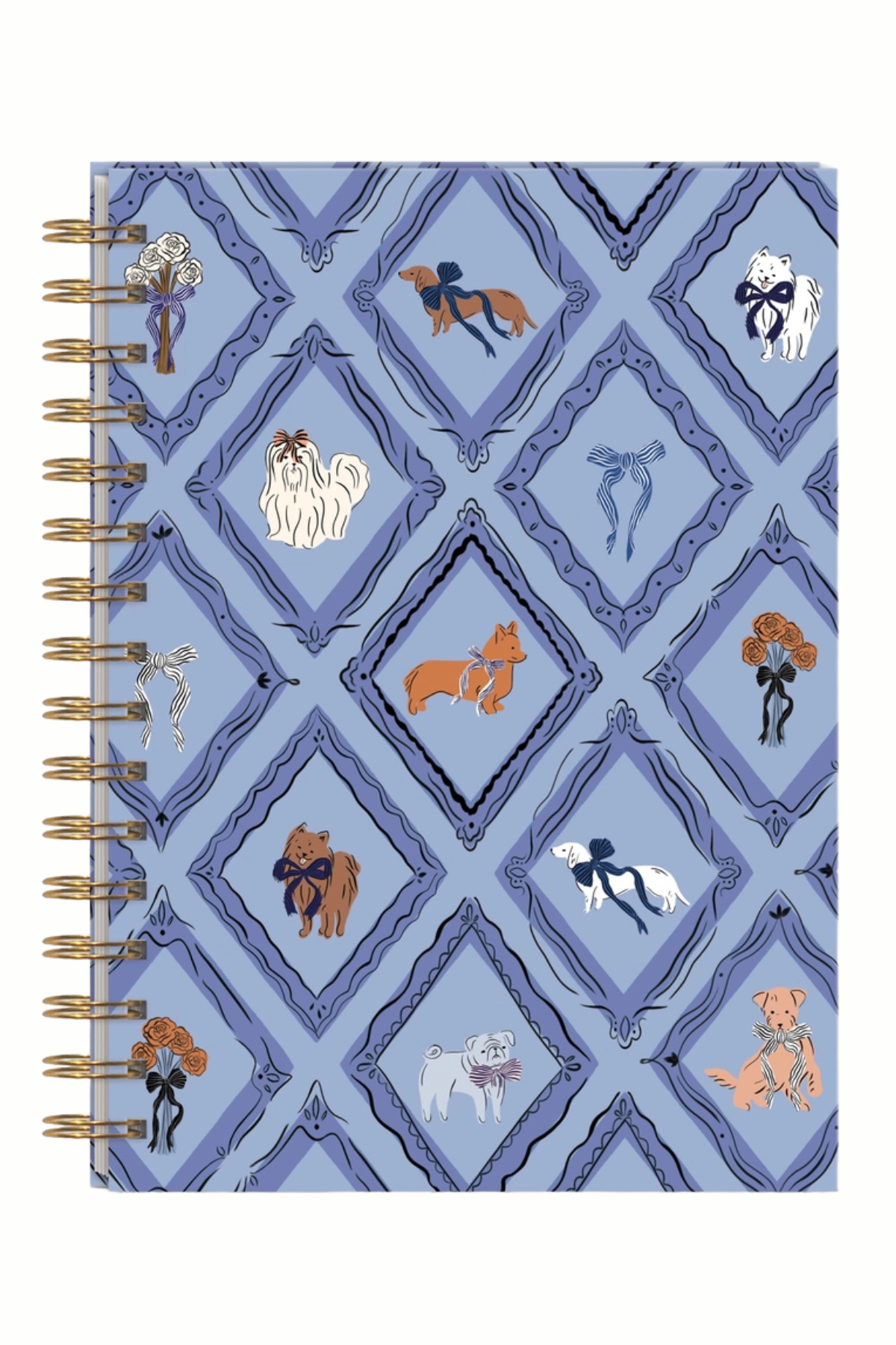 A spiral-bound notebook with a light blue cover featuring a repeating diamond pattern and illustrated dogs in various breeds and colors, bound with gold-tone metal coils on the left.
