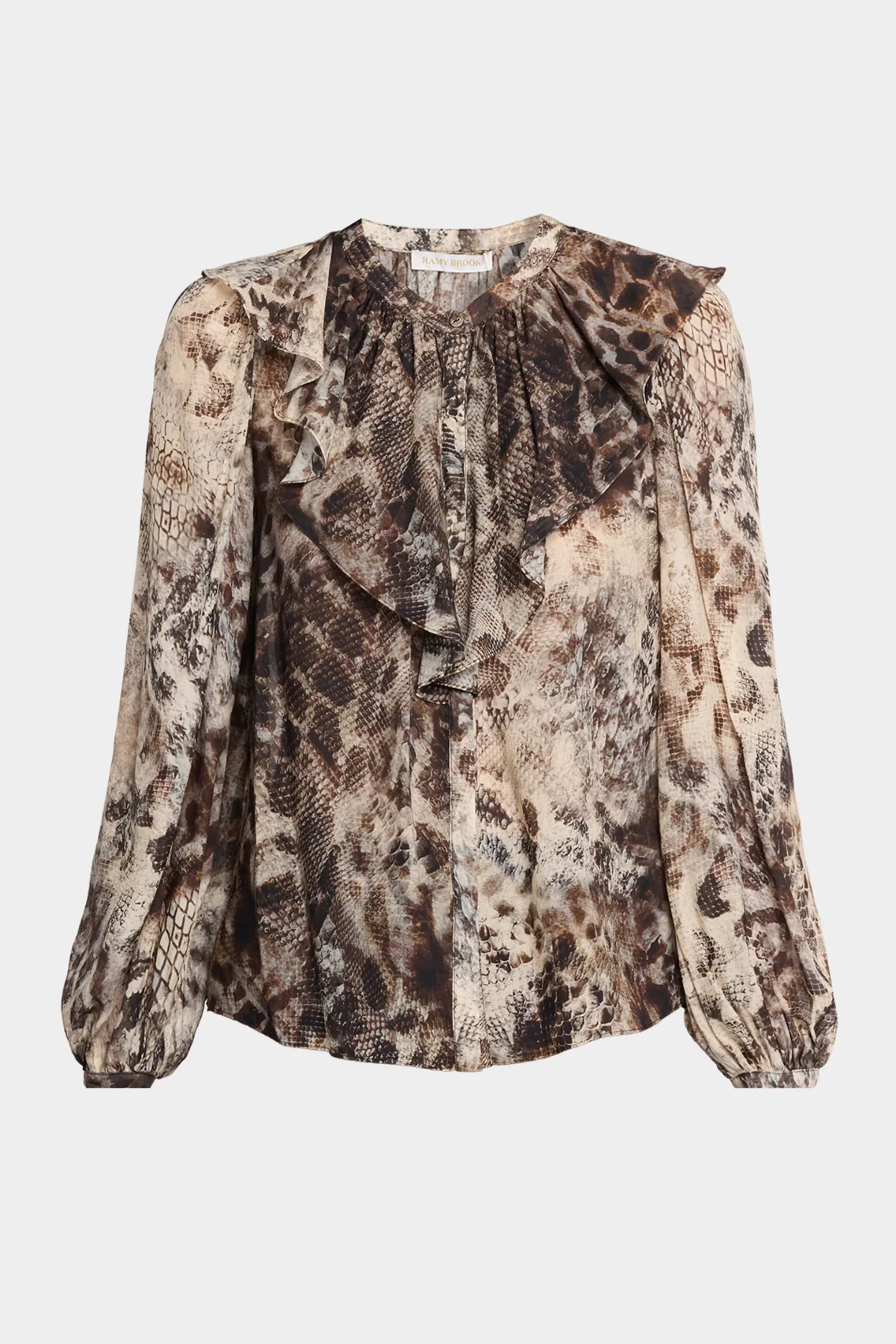 A long-sleeve blouse with a snakeskin print in shades of brown, beige, and black, featuring a ruffled round neckline and gathered sleeves, shown against a light gray background.