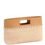 Woven basket with a tan handle on a white background