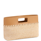 Woven basket with a tan handle on a white background