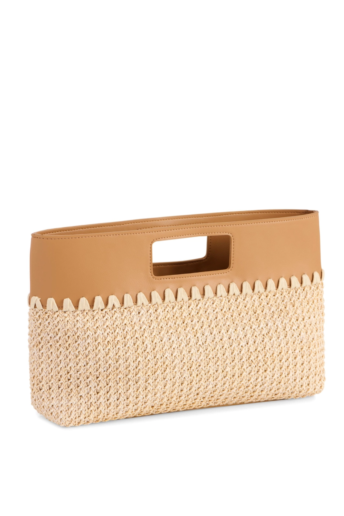 Woven basket with a tan handle on a white background
