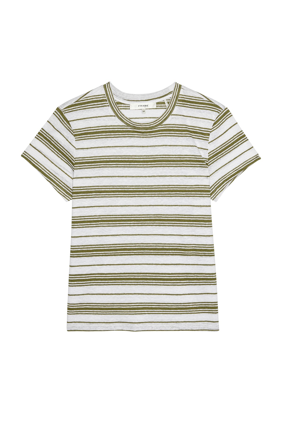 Striped t-shirt with green and white horizontal stripes on a white background