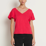 Woman wearing a red blouse with ruffled sleeves on a white background