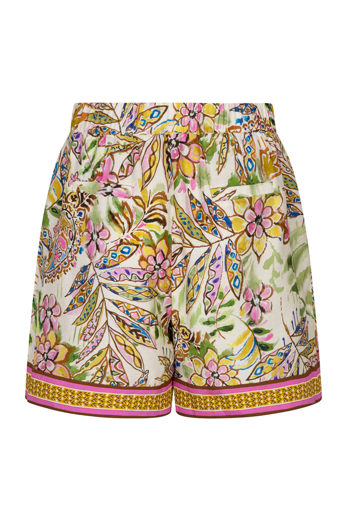 back of printed shorts on white background 