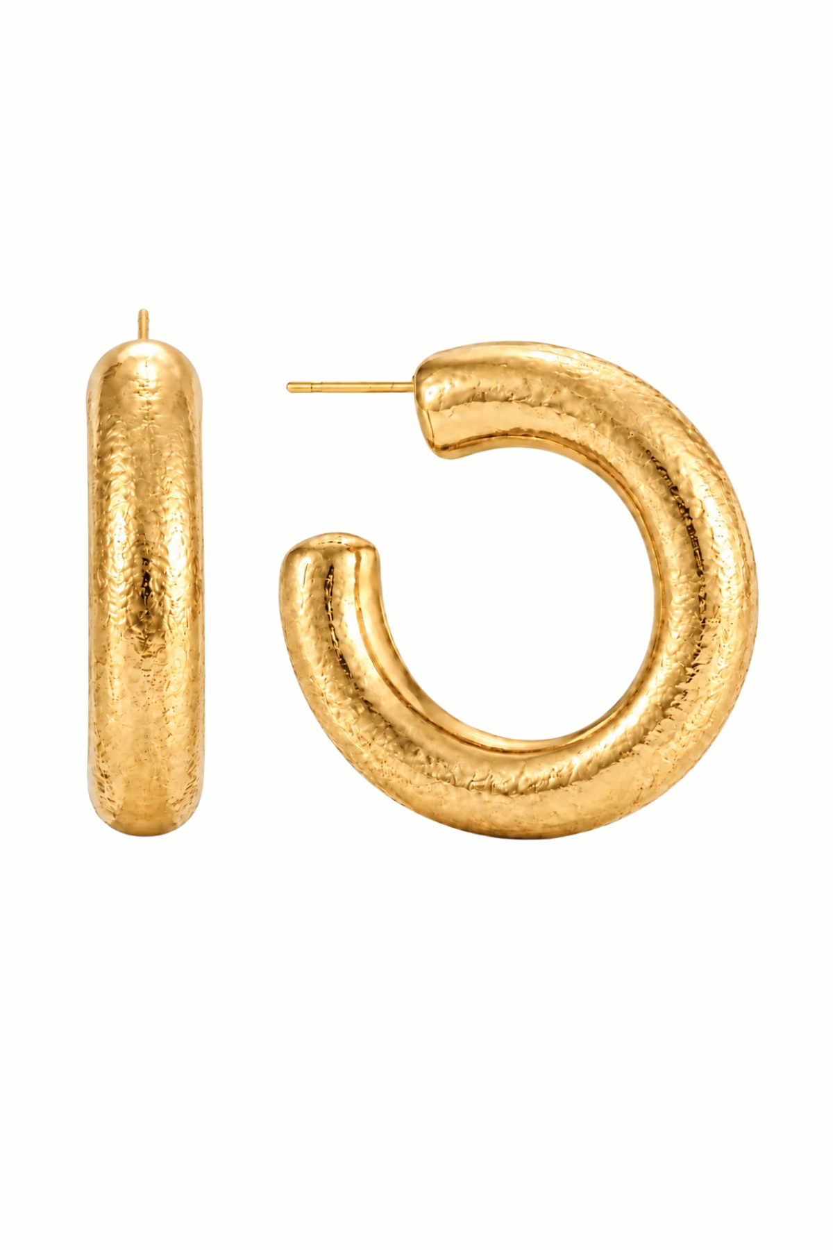 A pair of textured gold hoop earrings, one shown from the front as a capsule shape and the other from the side showing the post, on a solid white background.