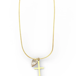 Necklace with a cross pendant and heart-shaped charm on a white background