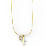 Necklace with a cross pendant and heart-shaped charm on a white background