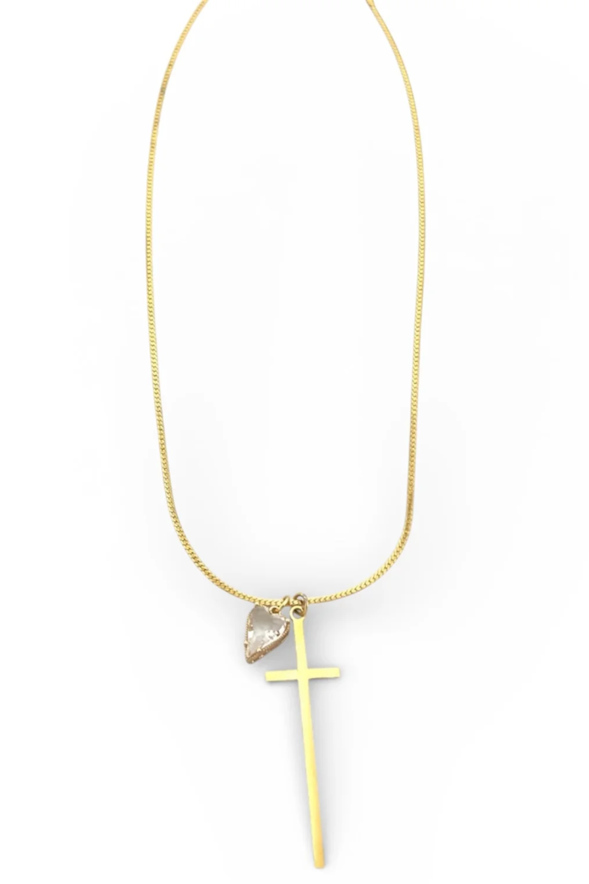 Necklace with a cross pendant and heart-shaped charm on a white background