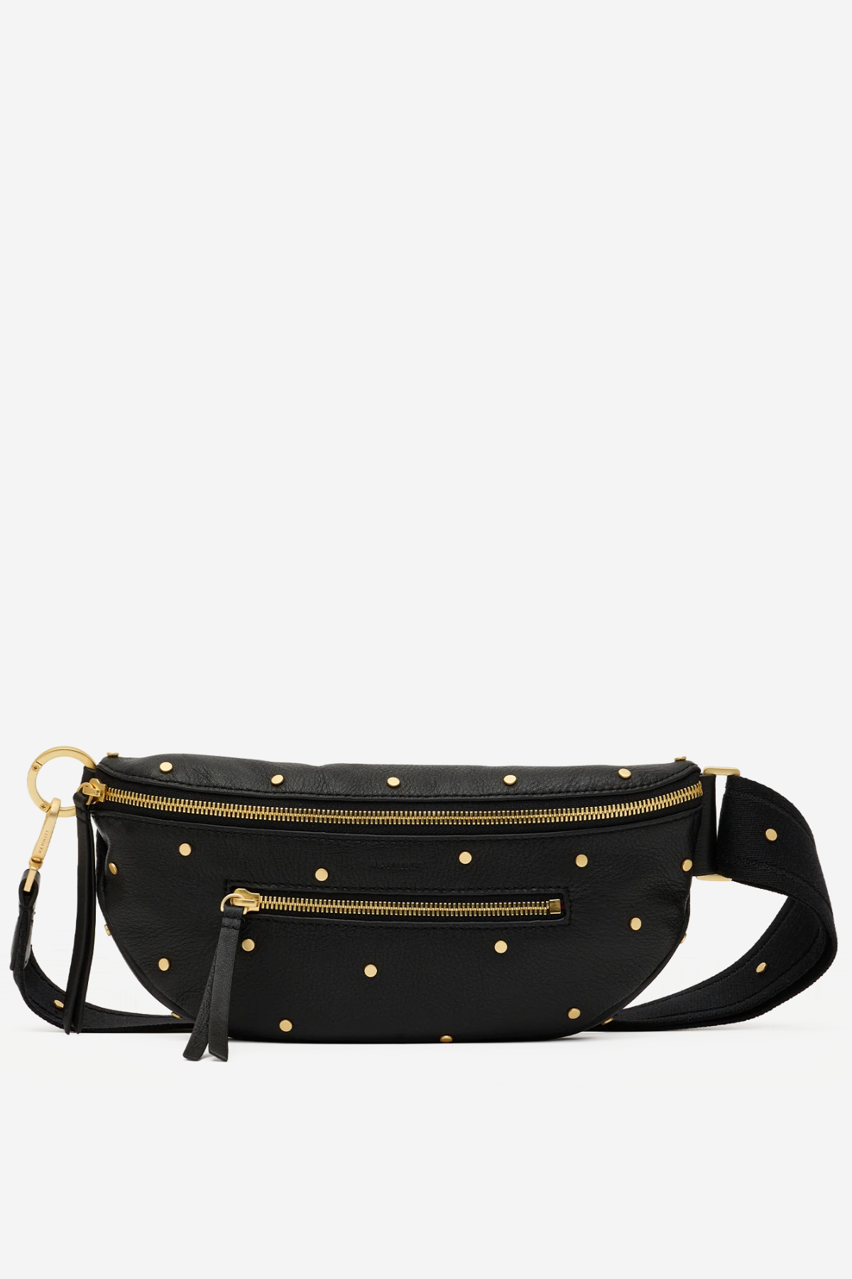 A black faux-leather belt bag with gold-tone hardware, featuring a pattern of small gold studs, a top zipper, a front zip pocket with a tassel, and a detachable shoulder strap, shown against a plain light gray background.