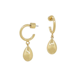 Gold hoop earrings with teardrop-shaped pendants on a white background