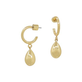 Gold hoop earrings with teardrop-shaped pendants on a white background