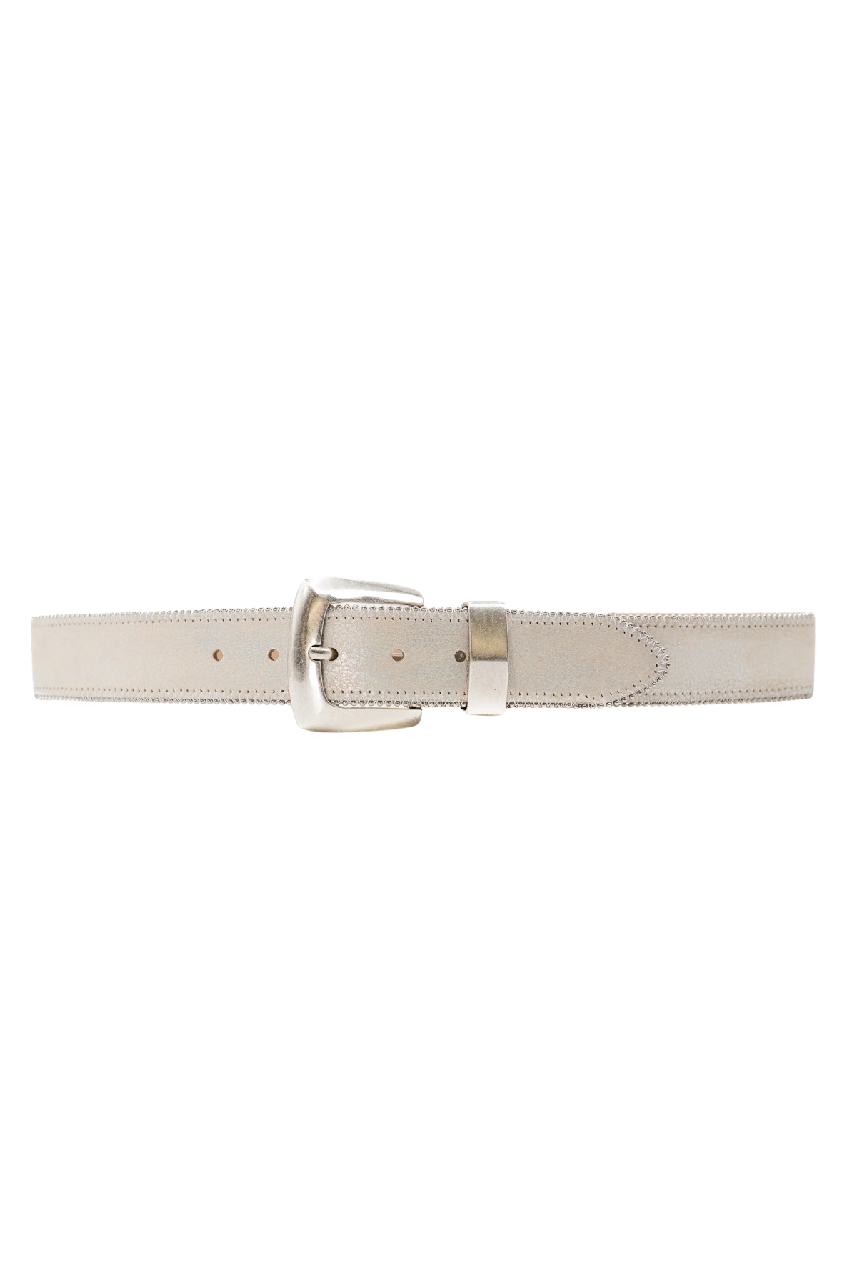 White belt with a silver buckle on a white background